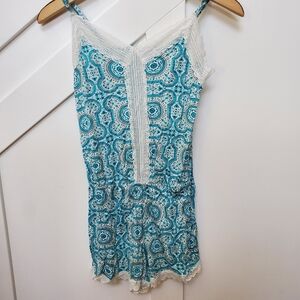 Blue and White Paisley Lace Trim Romper